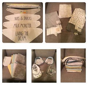 Huge Burp Cloth Bib Lot Rae Dunn, Burts Bees, Gerber, Misc.